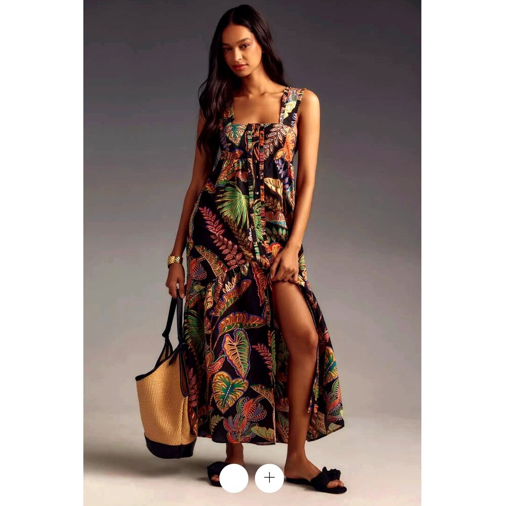 Farm Rio XS Cool Foliage Button Front Maxi Dress $285 Tropical Jungle Black NWT